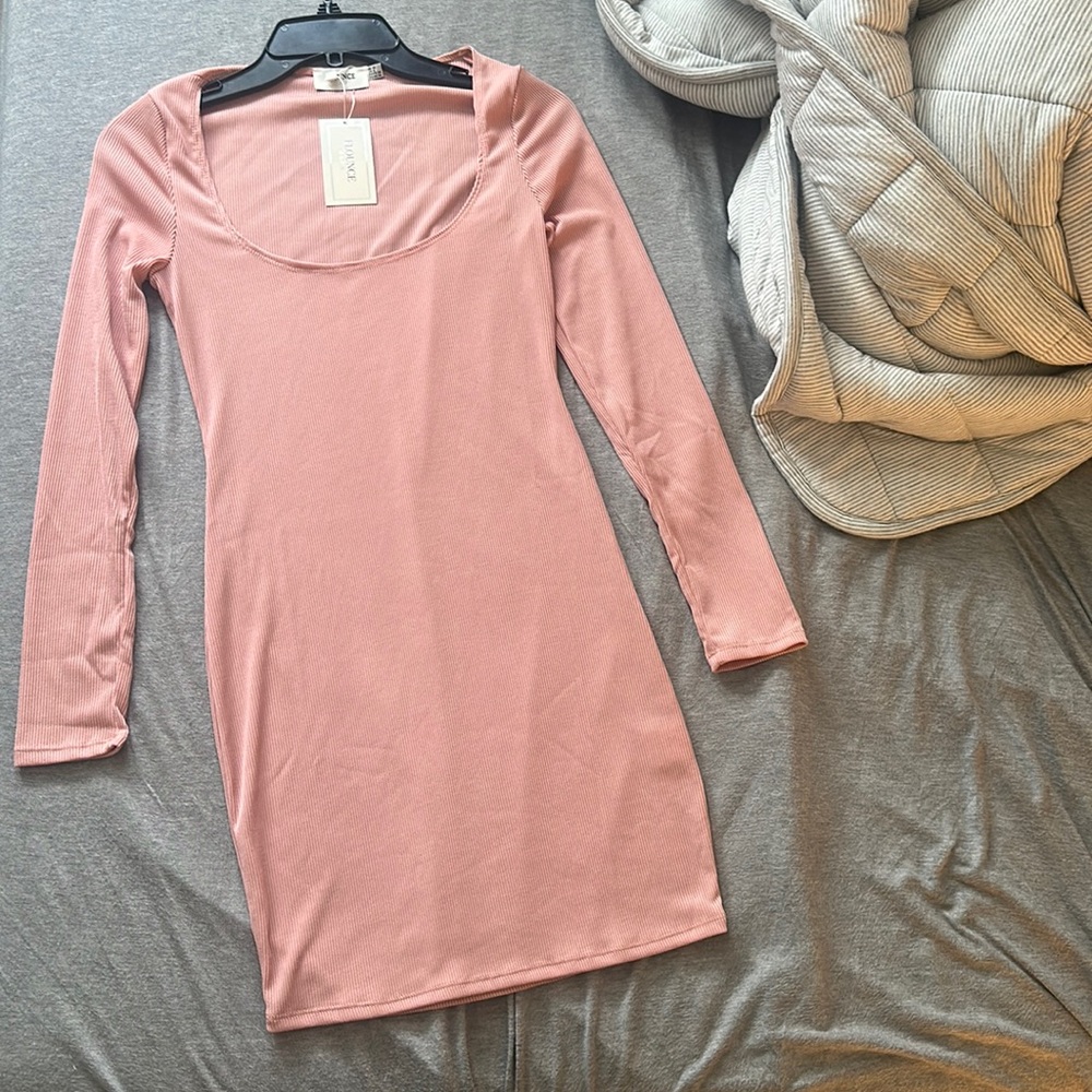 NWT ASOS Flounce london scoop neck ribbed mini dress in dusty pink - Picture 5 of 15